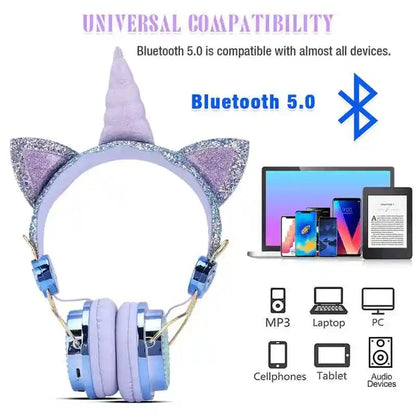RGB Unicorn Kids Wireless Headphones With Mic Music Stereo Earphone Cute Unicorn Control RGB Light Headset Girls Kids Gift - Universal Market