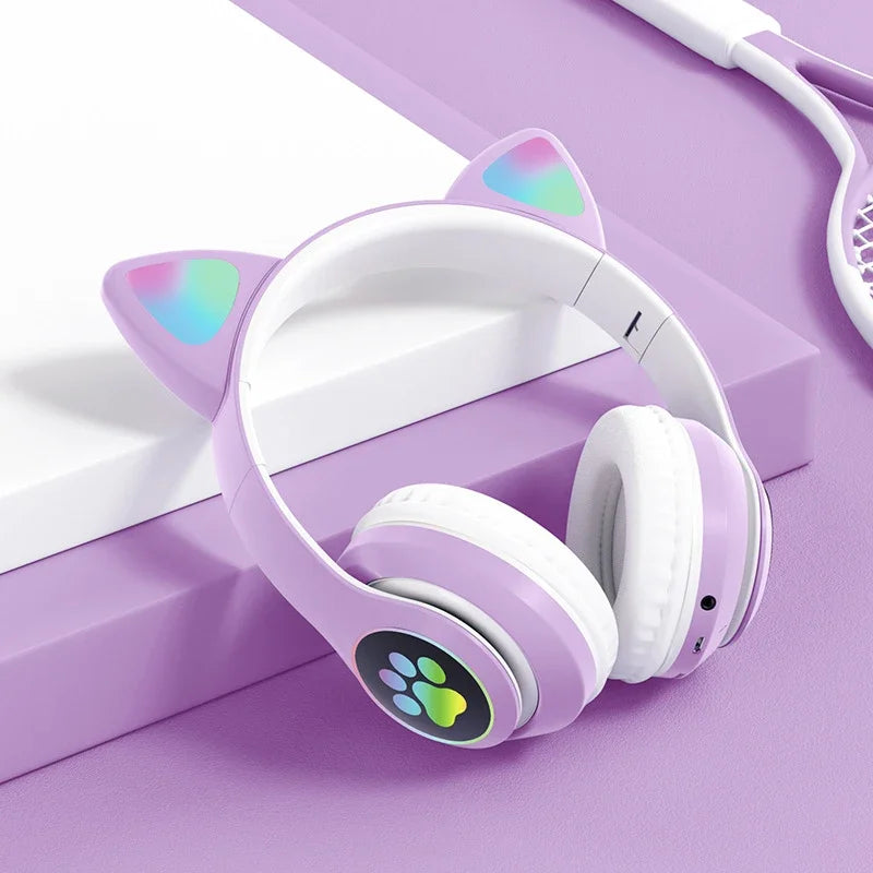 Flash Lamp Cute Cat Ears Headphone Bluetooth5.0 Stereo With Mic Support TF Card Wireless Kids Girl Earphone Birthday Gift - Universal Market
