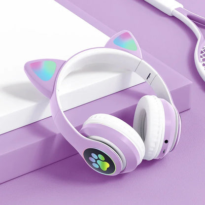 Flash Lamp Cute Cat Ears Headphone Bluetooth5.0 Stereo With Mic Support TF Card Wireless Kids Girl Earphone Birthday Gift - Universal Market