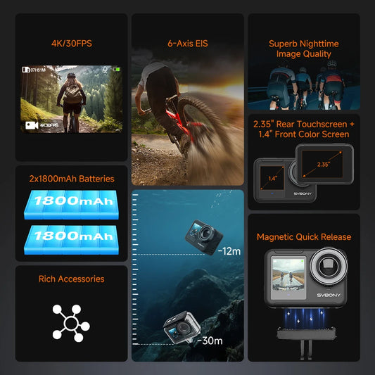 SVBONY SVGo3 Action Camera 4K30 Waterproof Dual LCD Screens Sports Camera with Quick Release Mount for Surfing Cycling Vlog
