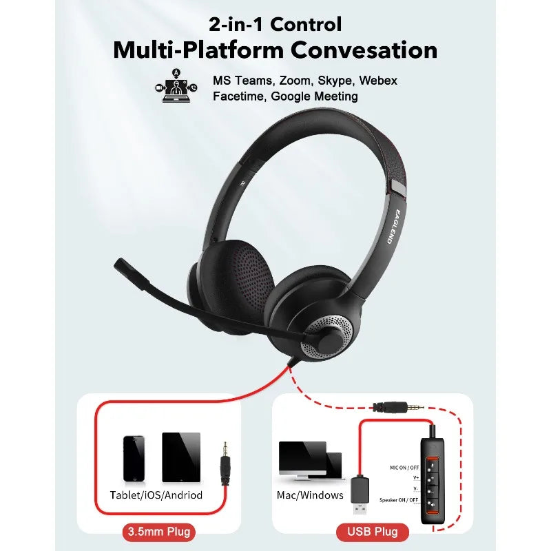 JIAMQISHI USB Headset PC Computer Headphones with Noise Cancelling MIC in-line Control for Home Office Online Class Skype Zoom - Universal Market