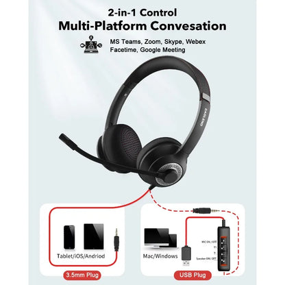 JIAMQISHI USB Headset PC Computer Headphones with Noise Cancelling MIC in-line Control for Home Office Online Class Skype Zoom - Universal Market