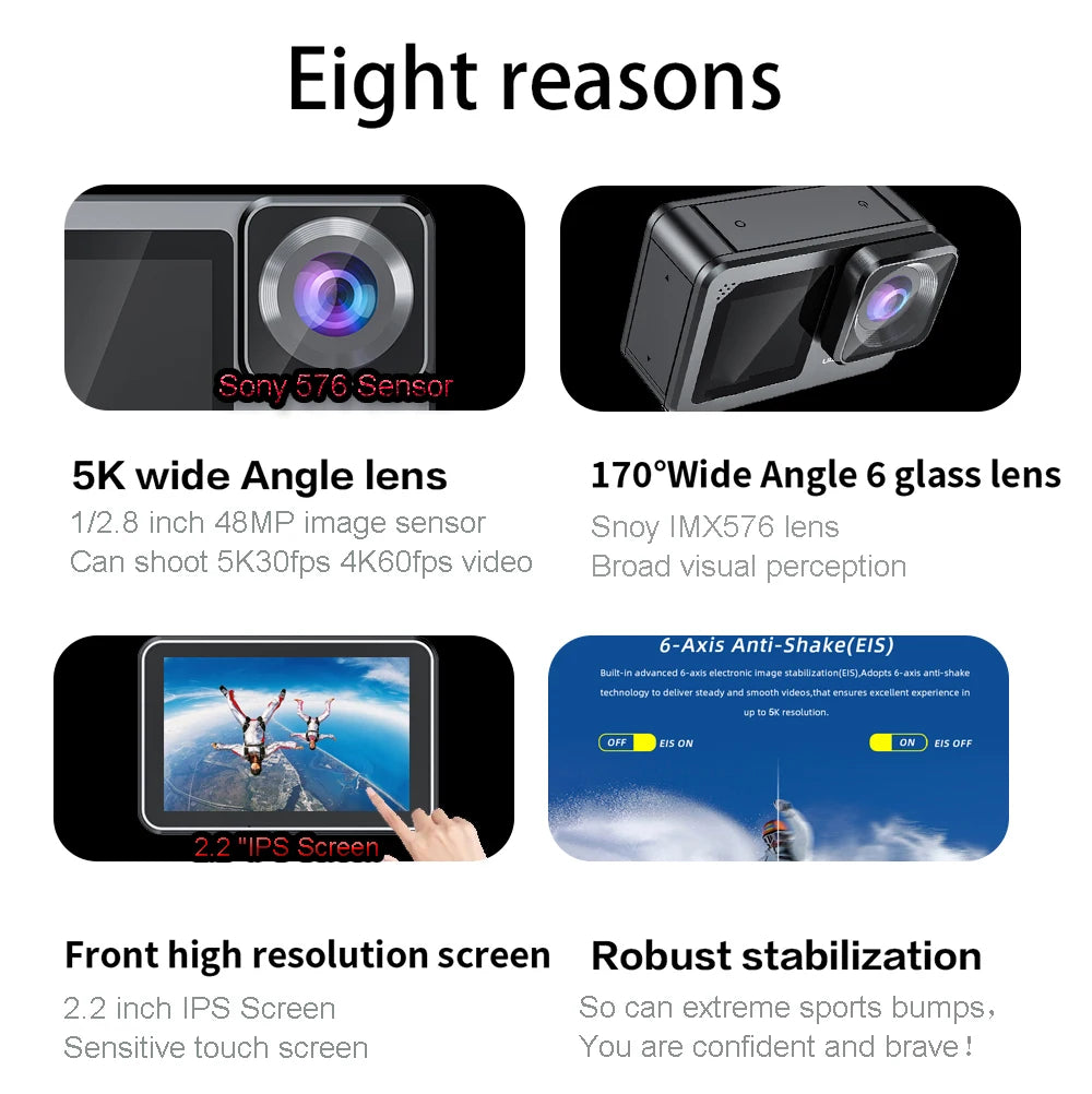 Action Camera F6W Wireless Mic 5K 4K60FPS 48MP 2.2" Touch LCD EIS Dual Screen Wi-Fi 170D Waterproof 30M 8X Zoom Sports Camera