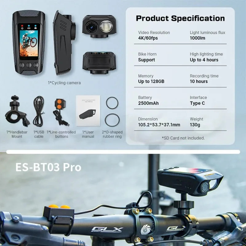 3 in 1 Multifunction Sport DV Dash Cam with Light Horn 4K Bike Helmet Action Camera HD Screen Motorcycle Bicycle Cycling Camera