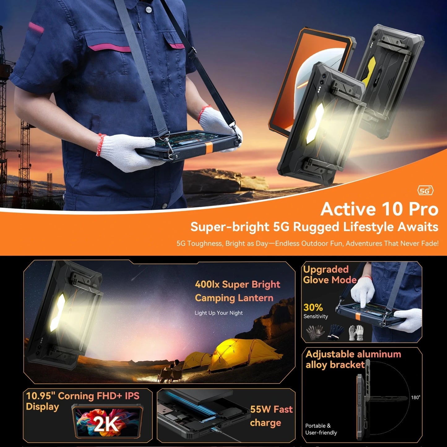 Blackview Active 10 Pro Tablet PC 5G 10.95" 2.4K 12GB+256GB/512GB 108MP Camera 30000mAh 55W Android 14 Octa Core Google Play NFC