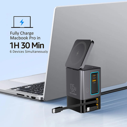 105W Dual Retractable Cable Multi-Port Desktop Charger 2-in-1 Wireless Charger C-Port Blind Plug 65W with LED Ambient Lights