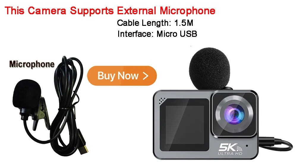 Action Camera F6W Wireless Mic 5K 4K60FPS 48MP 2.2" Touch LCD EIS Dual Screen Wi-Fi 170D Waterproof 30M 8X Zoom Sports Camera