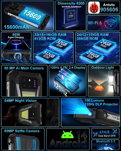Unihertz tank 3s 8849 powered phone with projector 24/32GB 256/512GB Dimension 8200 cellphone 15600mAh 66W smartphones