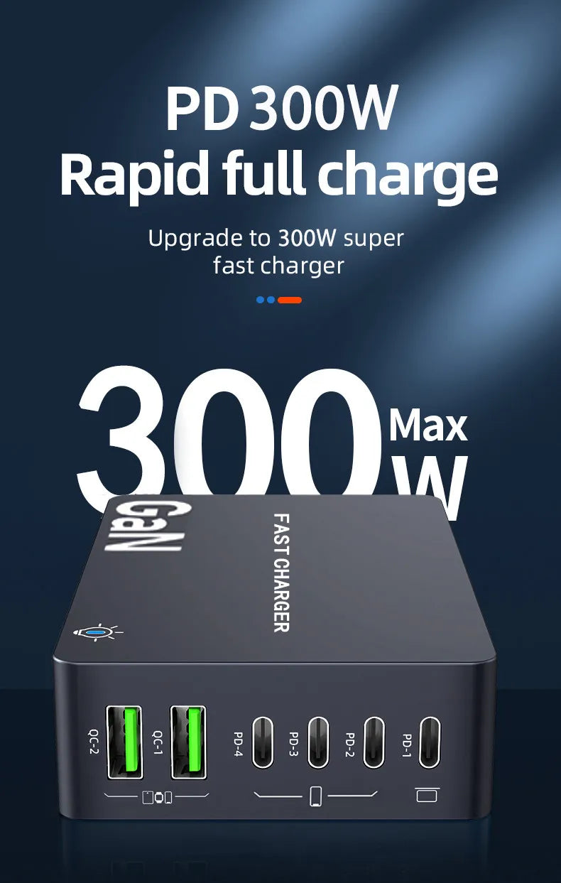 990W USB C GaN Charger 300W PD 3.3 PPS QC4.0 Multiport Fast Charging Station For Laptop iPhone 15 16 Samsung Macbook Pro Tablet
