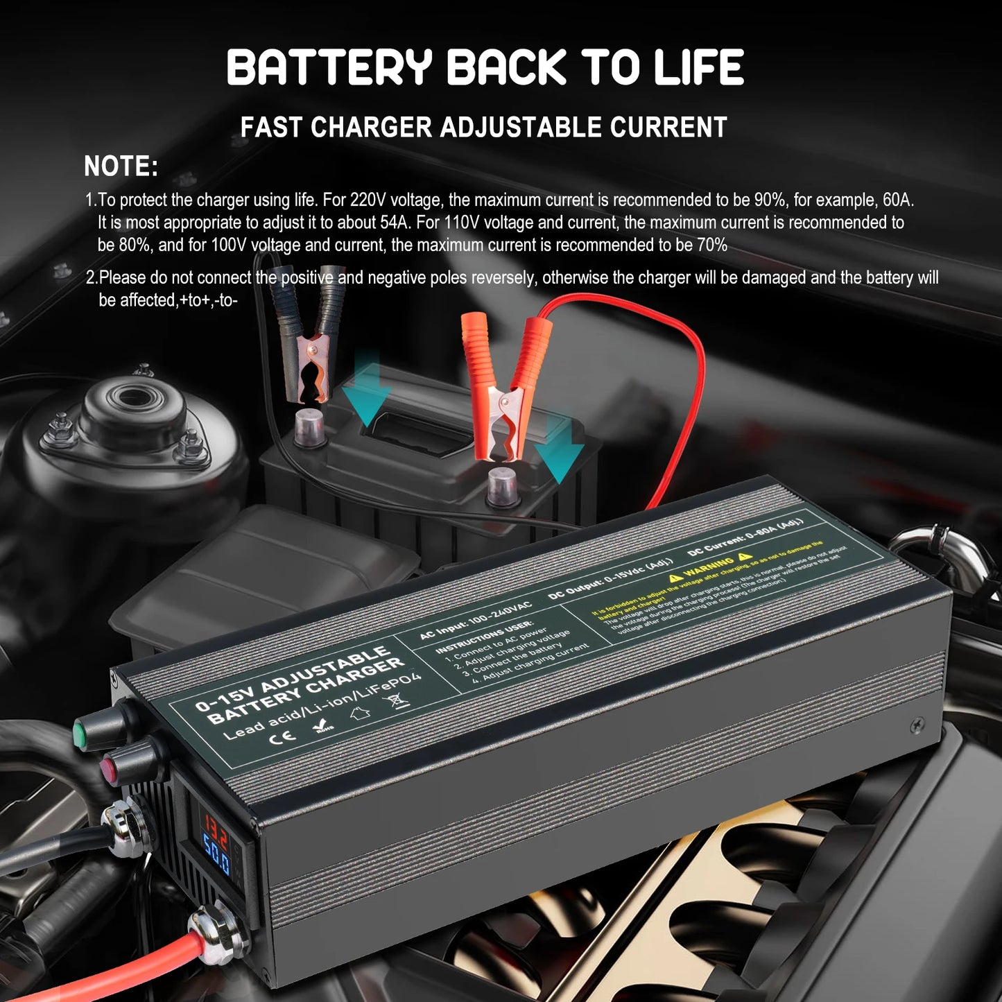 Lifepo4 Charger 12V 60A 100A Lithium Battery Charger 110V-240V Input 0-15V Adjustable Quick Fast Adapter for Lifepo4 Battery