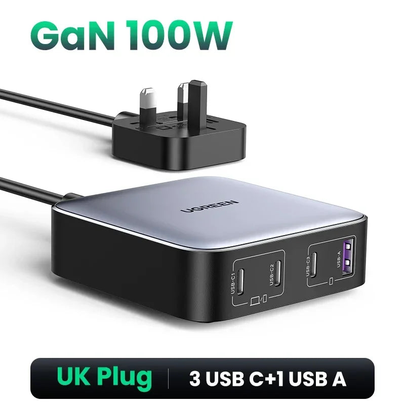 UGREEN 100W GaN Charger Desktop Laptop Fast Charger 4 in 1 Adapter For iPhone 17 16 15 14 Pro Max Phone Charger Xiaomi Samsung