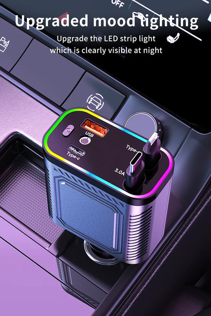 4 in 1 120W PD 33W Car Charger Retractable Car Cigarette Lighter Adapter Star Light Lighting Type C 70cm Charger Cable for Phone