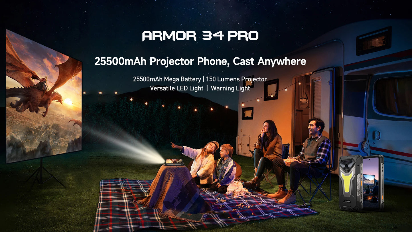 Ulefone Armor 34 Pro 5G AI 25500mAh Rugged Phone Smartphone Android 15 32GB+512GB Built-in DLP Projector 6.95" NFC Mobile Phone