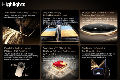 2025 New Global Version HONOR Magic V5 5G Foldable Smartphone 7.95" LTPO OLED Display Snapdragon 8 Elite 5820mAh 66W Wired NFC