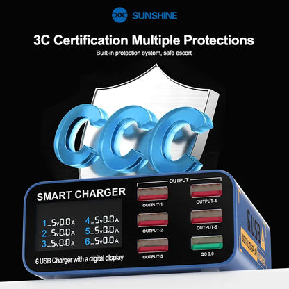 SUSNHINE SS-304Q 6-port Usb Digital Display Fast Charge QC3.0 Smart Fast Charge for Phone Tablet Watch Charging