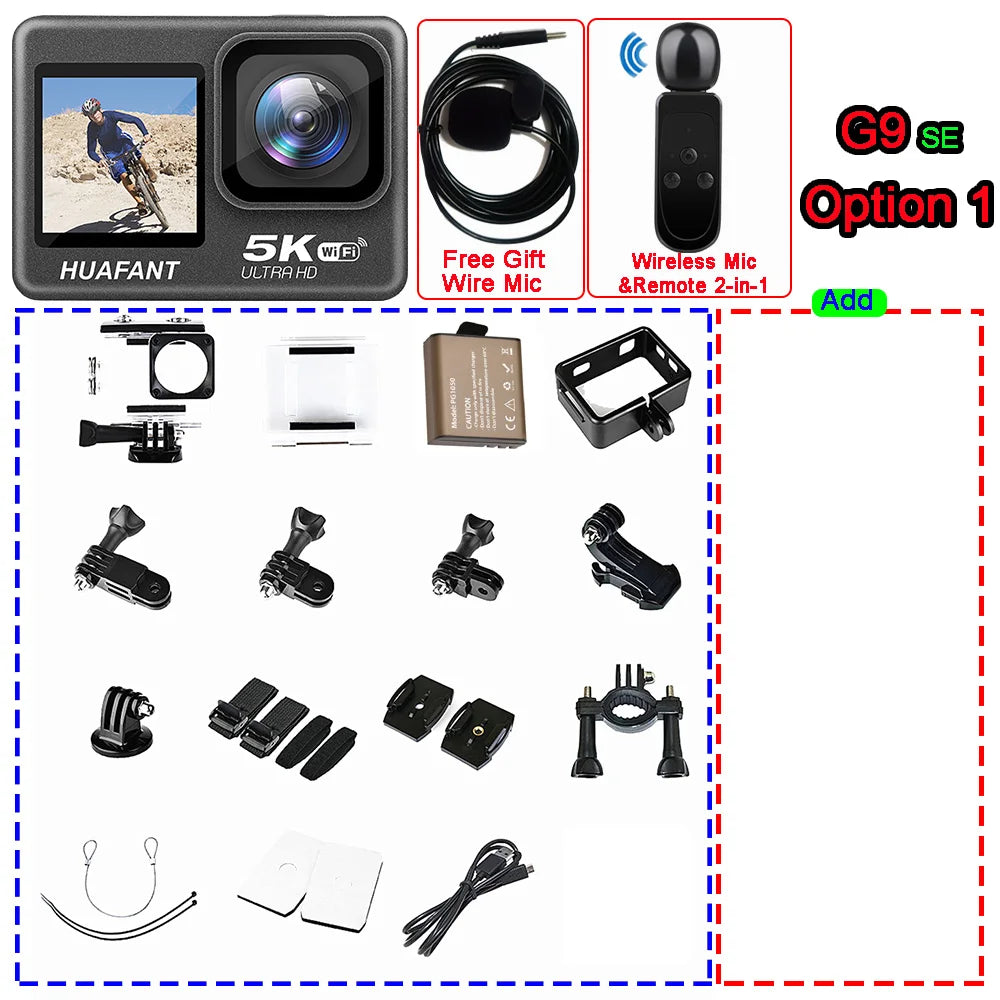 G9SE Action Camera 5K30fps 4K60fps 50MP 2.0 Touch LCD EIS DVR Webcam Dual Screen Wi-Fi 170D Waterproof 30M 5X Zoom Sports Camera