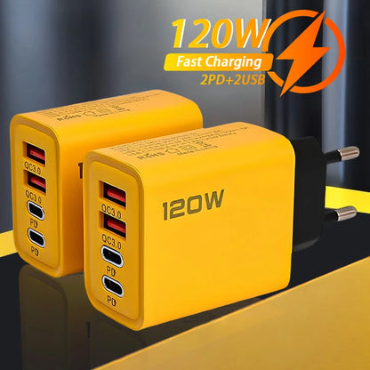 120W 2 USB+2 Type-C 4 Ports Wall Charger Fast Charging EU/US/UK Plug Power Adapter For Xiaomi iPhone Samsung Huawei Phone/Tablet