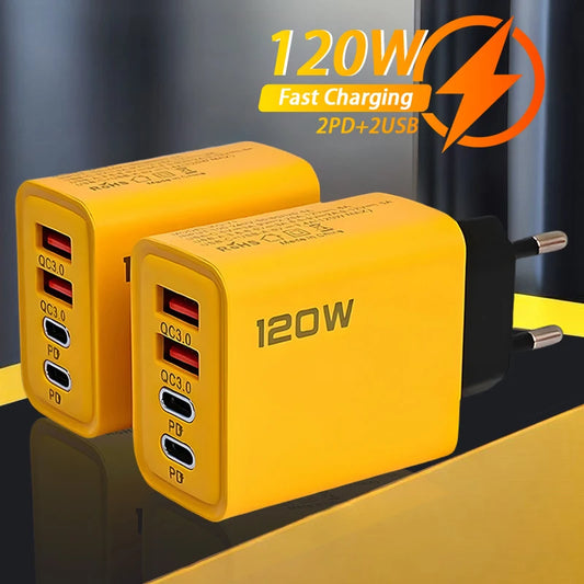 120W 2 USB+2 Type-C 4 Ports Wall Charger Fast Charging EU/US/UK Plug Power Adapter For Xiaomi iPhone Samsung Huawei Phone/Tablet