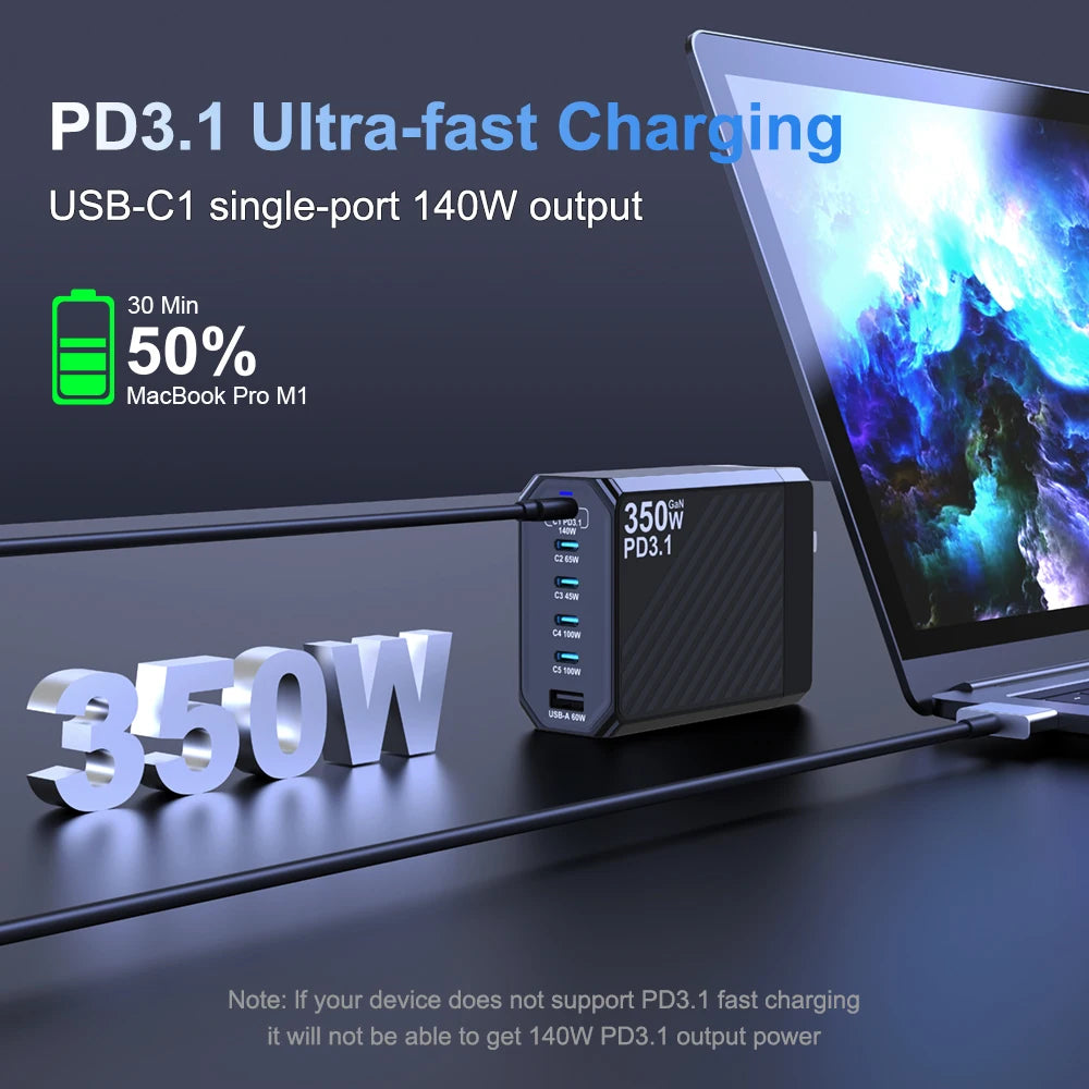 Ubigbuy 350W GaN Charger Fast Charger 140W PD3.1 QC PPS USB Phone Charging Station for MacBook Pro iPhone Samsung Laptop Tablet