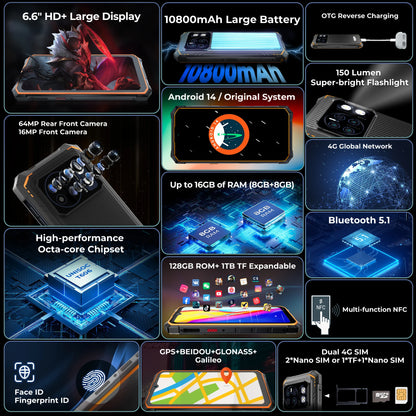 [World Premiere] HOTWAV Cyber 13 Rugged Phone 150LM Flashlight 8GB 128GB Smartphone 6.6'' HD+ 10800mAh 64MP Android 14 Cellphone