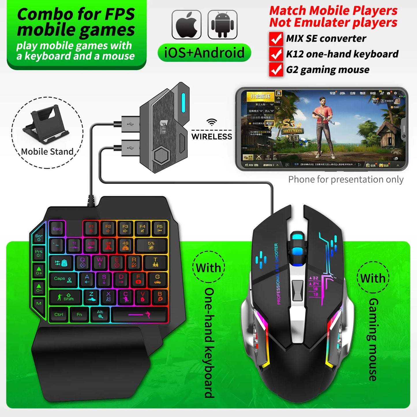 Mobile Game Keyboard and Mouse Adapter, PUBG/Call of Duty Controller Converter Wired/Wireless for Android/(iOS Less than 13.4)