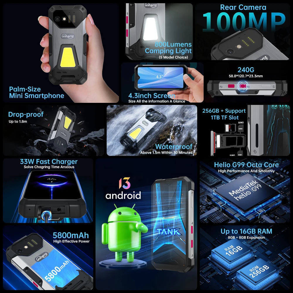 8849 Tank Mini Rugged Smartphone 16/24GB 256GB 5800mAh100Mp Camera Android 13 Cellphone 4.3 inch Waterproof Mobile Phone