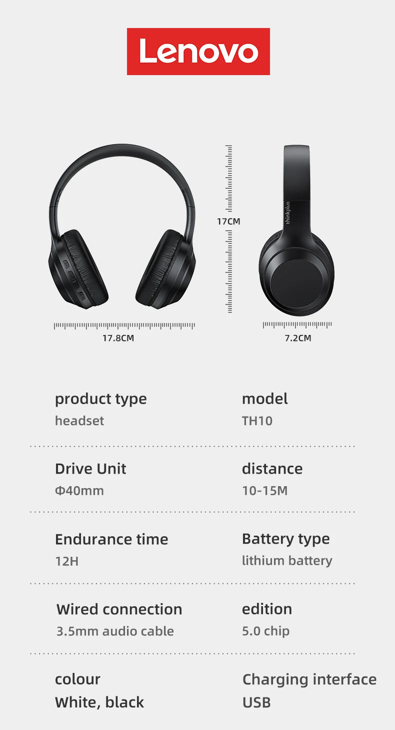 Lenovo TH10 Wireless Bluetooth Headset HIFI Stereo Earphones Foldable Over Ear Earbuds Sports Game Headphones with Microphone - Universal Market
