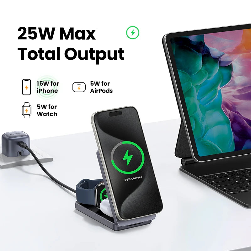 UGREEN 3-in-1 MFi 15W MAX Magnetic Wireless Charger Qi2 Charging Stand For iPhone 16 17 Pro Max For MagSafe Fast Charger