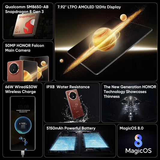 HONOR Magic V3 Global Version 5G Smartphone 120Hz Foldable LTPO OLED 7.92" Display Snapdragon 8 Gen 3 5150mAh 66W NFC IPX8