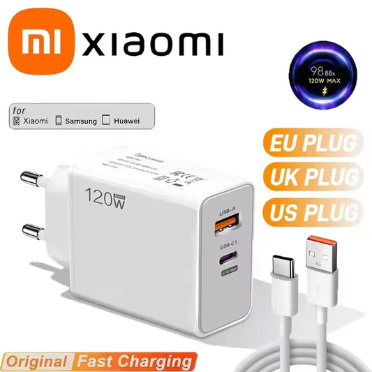 Xiaomi 120w EU US UK Mobile Phone Charger Super Fast Charging Head Flash Charging Suitable For Apple Xiaomi Huawei Samsung 2025