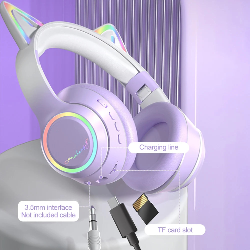 Gradient Wireless Headphones RGB Cat Ear Bluetooth Headphones With Microphone Stereo Music Game Earphone For Girls Kids Gifts - Universal Market