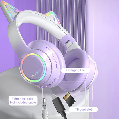 Gradient Wireless Headphones RGB Cat Ear Bluetooth Headphones With Microphone Stereo Music Game Earphone For Girls Kids Gifts - Universal Market