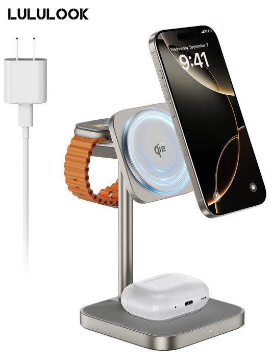 LULULOOK Qi2 3 in 1 Wireless Charging Station,Aluminum 15W Fast Mag-Safe Charger Stand for iPhone 17 16 15 14,5W for Apple Watch