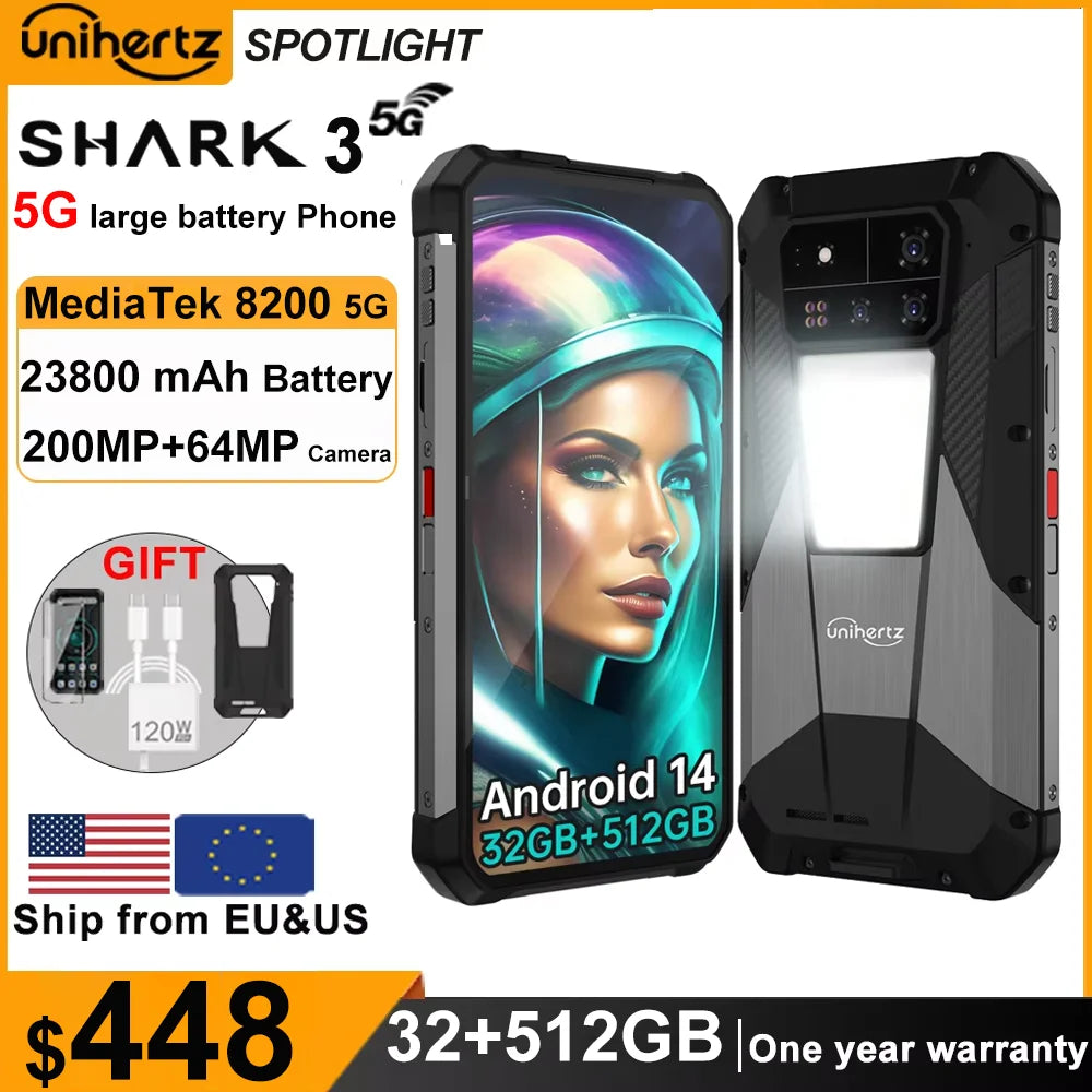 Unihertz  SHARK 3 by 8849 Smartphone Android 14 32GB 512GB Dimensity 8300 3K AMOLED Screen 11600mAh Night Camera 5G Rugged Phone