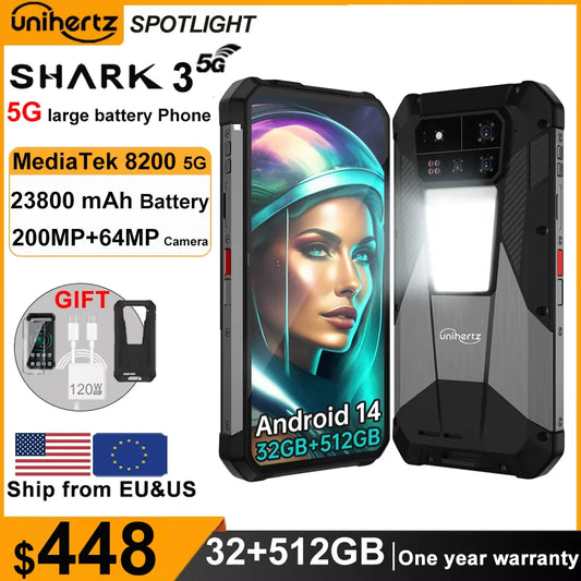 Unihertz  SHARK 3 by 8849 Smartphone Android 14 32GB 512GB Dimensity 8300 3K AMOLED Screen 11600mAh Night Camera 5G Rugged Phone