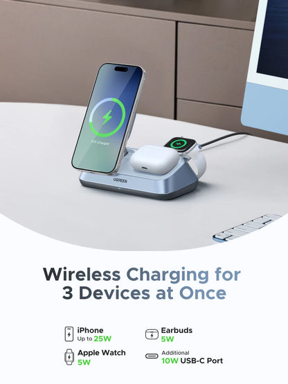 UGREEN Qi2 25W MAX Magnetic Wireless Charger Stand 3- in-1 Charging For iPhone 17 Pro Max/AirPods 4 For MagSafe Fast Charger