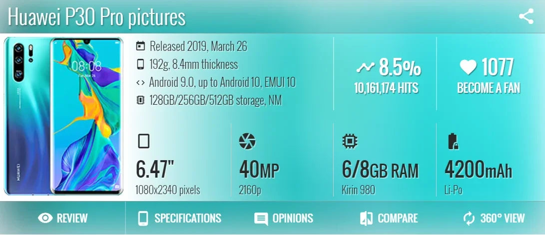 HUAWEI P30 Pro Smartphones Global Version 6.47 inch 8GB+128GB/256GB Cellphone Dual SIM Mobile phone 4200mAh Google Play Store
