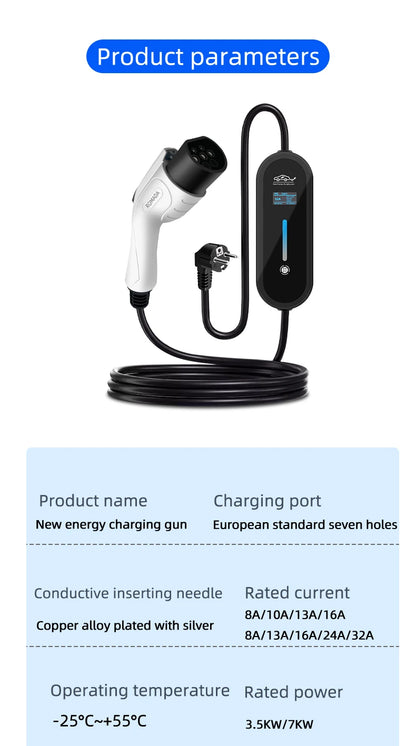 ROMADA 3.5KW 16A EV Portable Charger 3M 5M 10M 15M 20M Cable Type2 IEC62196 EVSE Wallbox Adapter EU Plug For Electric Vehicle