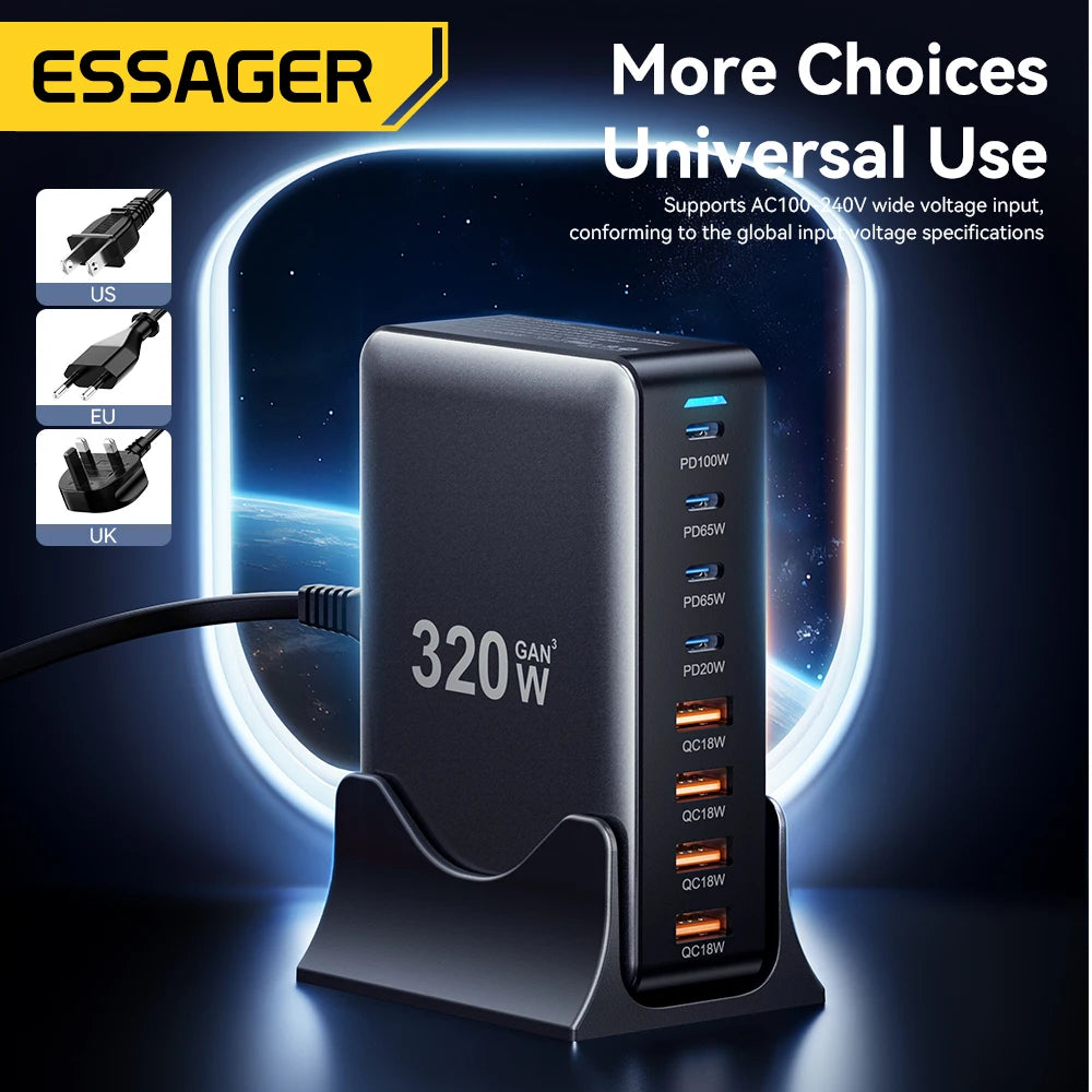 Essager 320W GaN Charger 8Port USB Type C Desktop Charging Station PD 100W Fast Charging For iPhone 17 16 15 iPad MacBook Laptop