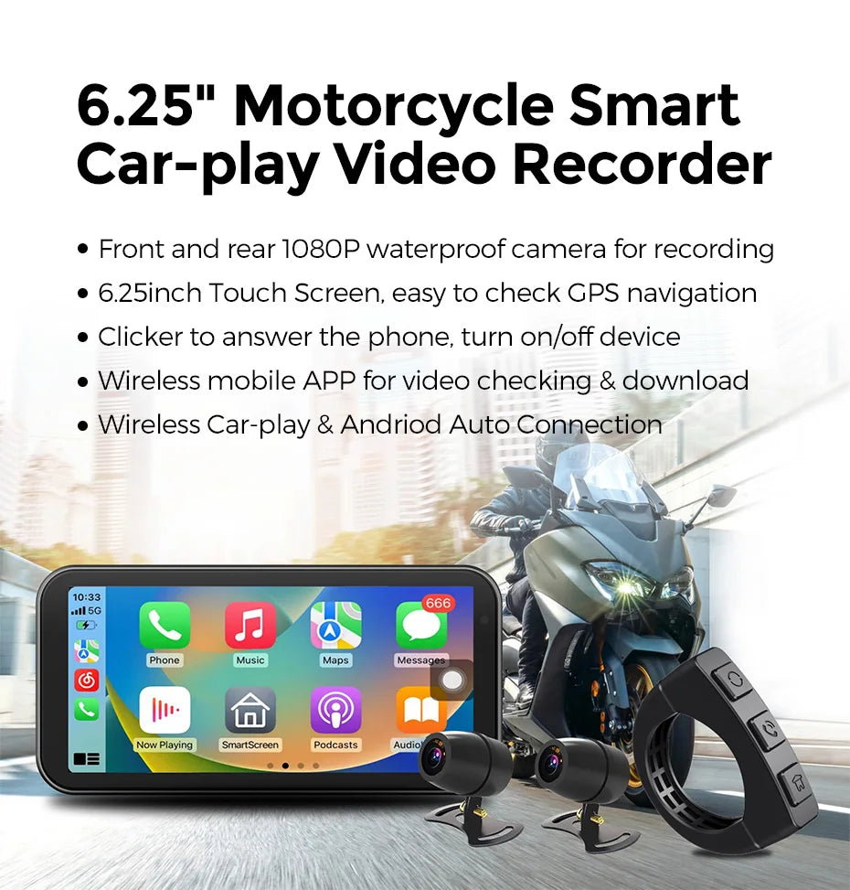 Portable 6.25 inch IP67 Waterproof Motorcycle GPS Navigation Wireless Carplay Android Auto DVR Drive Recorder Moto Monitor WIFI - Universal Market