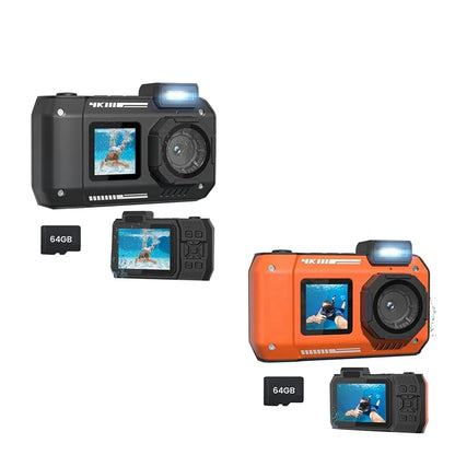 3CGRO-Waterproof Camera 4K 65MP Underwater Camera With 64G Card, For Snorkeling Autofocus Selfie Dual-Screen