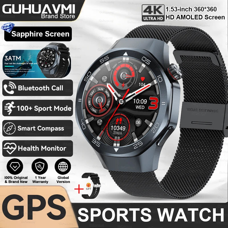 2025New Upgraded Outdoor Sport GPS Smart Watch Men 1.53" HD AMOLED Screen GPS track Heart Rate Bluetooth Call Compass SmartWatch