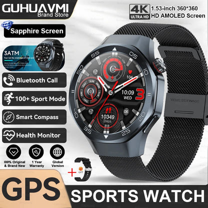 2025New Upgraded Outdoor Sport GPS Smart Watch Men 1.53" HD AMOLED Screen GPS track Heart Rate Bluetooth Call Compass SmartWatch