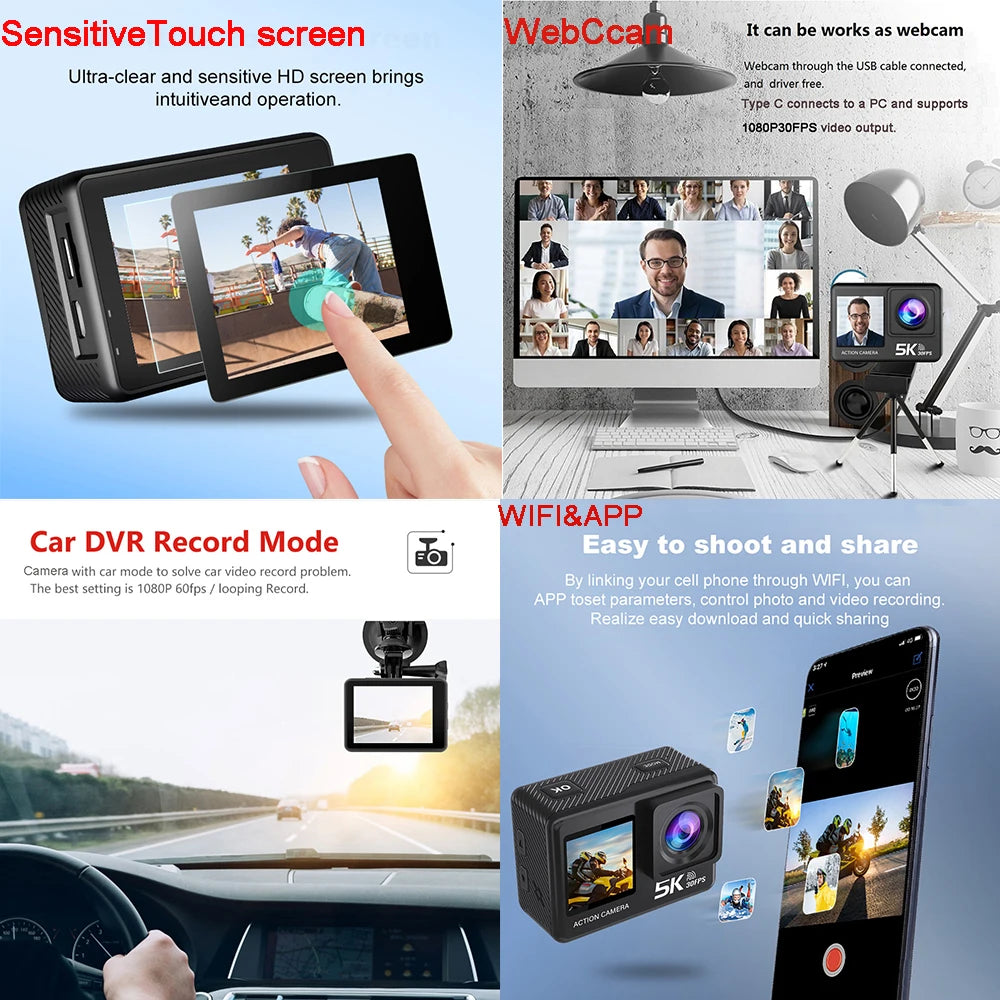 G9SE Action Camera 5K30fps 4K60fps 50MP 2.0 Touch LCD EIS DVR Webcam Dual Screen Wi-Fi 170D Waterproof 30M 5X Zoom Sports Camera