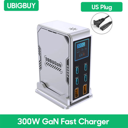 Ubigbuy 300W GaN Charger PPS PD 100W USB Type C 6-Port Digital Display Desktop Fast Charging Station for MacBook iPhone Samsung