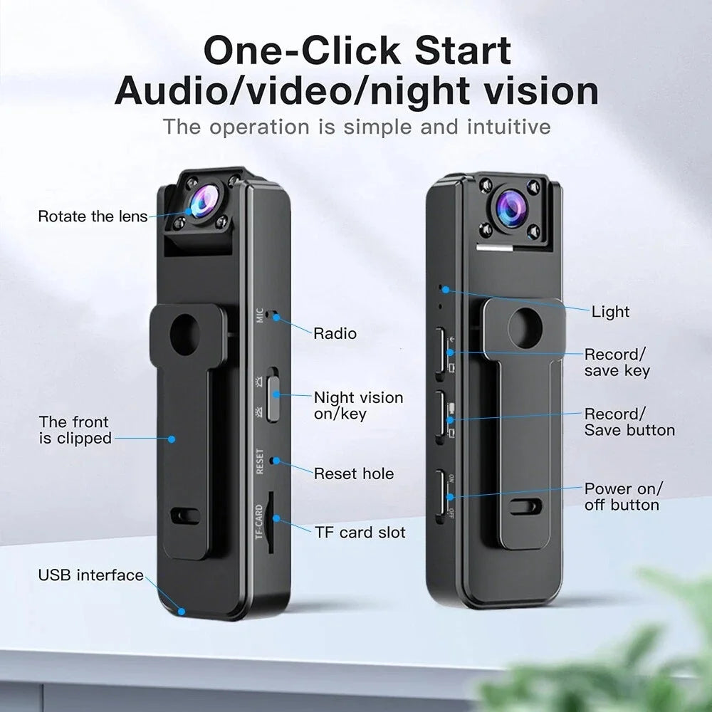 Mini Camera HD 1080P Micro Recorder Wide Angle Bodycam Worn Police Cam Snapshot Loop Recording Camcorder 180° Rotating - Universal Market