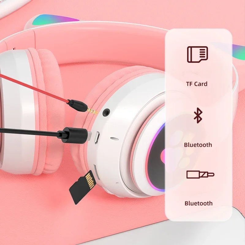 Flash Lamp Cute Cat Ears Headphone Bluetooth5.0 Stereo With Mic Support TF Card Wireless Kids Girl Earphone Birthday Gift - Universal Market