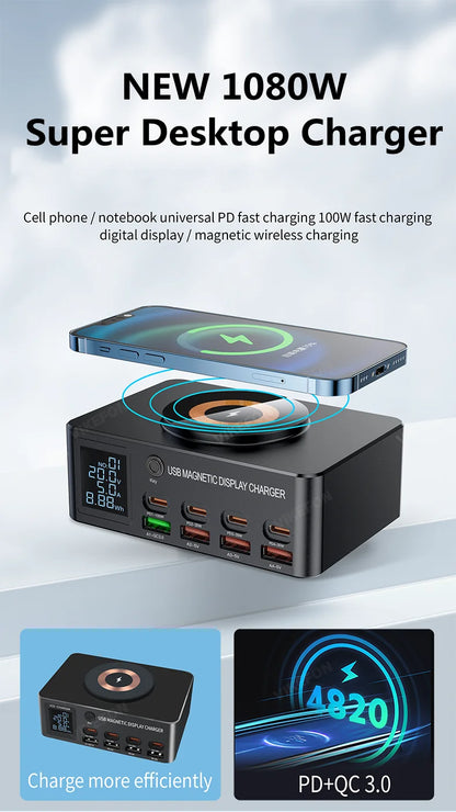 1080W GaN USB C Charger 8-Port Desktop Charger Type C 330W PD3.0 PPS QC3.0 Fast Charging for MacBook Tablet Samsung iPhone 15 16