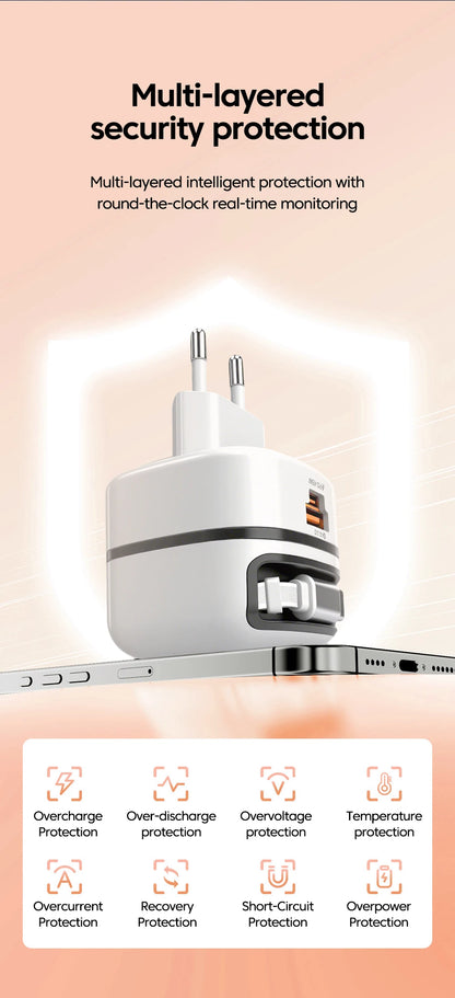 Elough 65W USB Type C Phone Charger Universal Travel Adapter Retractable Fast Charging USB C Cable For iPhone 16 Samsung Laptop