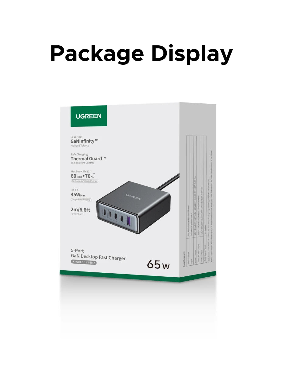 UGREEN 65W GaN Charger PPS QC4.0 PD3.0 5 IN 1 Desktop Charging Station For Phone 16 15 14 Pro Xiaomi Samsung Tablet Macbook Air